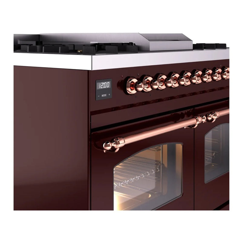 ILVE Nostalgie II 40" Dual Fuel Freestanding Range in Burgundy with Copper Trim, UPD40FNMPBUPLP