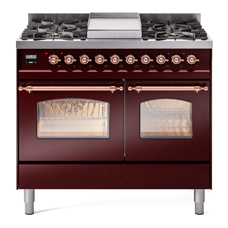 ILVE Nostalgie II 40" Dual Fuel Freestanding Range in Burgundy with Copper Trim, UPD40FNMPBUP