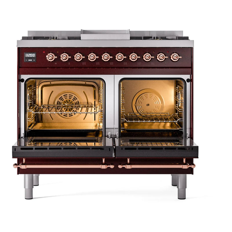 ILVE Nostalgie II 40" Dual Fuel Freestanding Range in Burgundy with Copper Trim, UPD40FNMPBUP