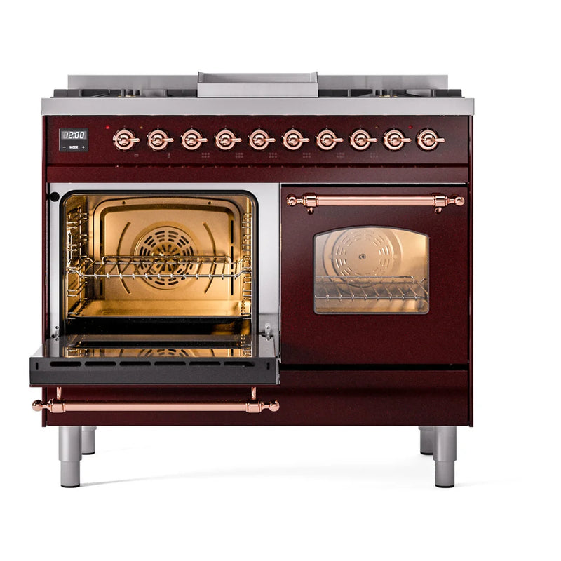 ILVE Nostalgie II 40" Dual Fuel Freestanding Range in Burgundy with Copper Trim, UPD40FNMPBUP