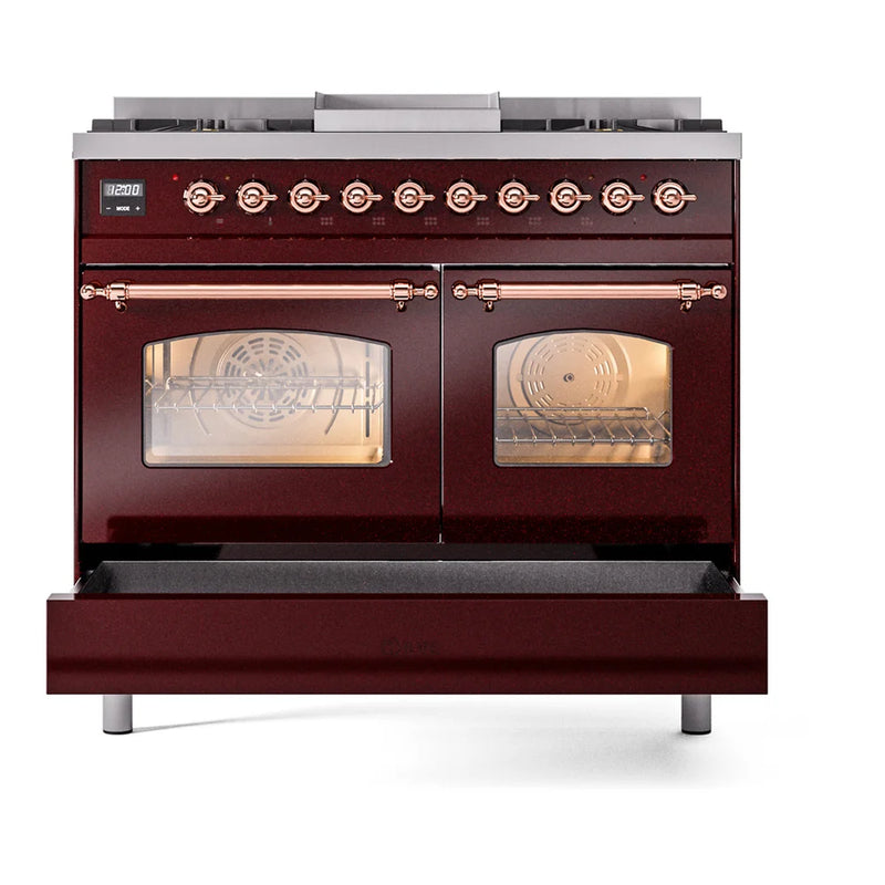 ILVE Nostalgie II 40" Dual Fuel Freestanding Range in Burgundy with Copper Trim, UPD40FNMPBUP