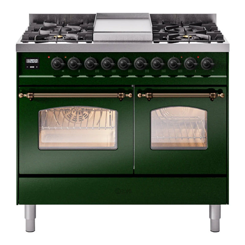 ILVE Nostalgie II 40" Dual Fuel Freestanding Range in Emerald Green with Burnished Trim, UPD40FNMPEGBLP