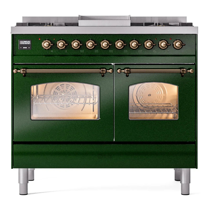 ILVE Nostalgie II 40" Dual Fuel Freestanding Range in Emerald Green with Burnished Trim, UPD40FNMPEGBLP