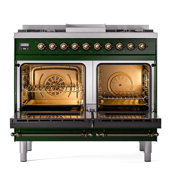 ILVE Nostalgie II 40" Dual Fuel Freestanding Range in Emerald Green with Burnished Trim, UPD40FNMPEGBLP