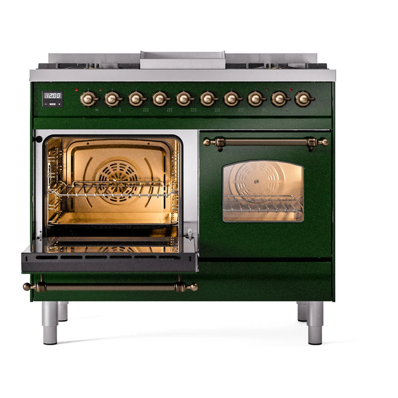 ILVE Nostalgie II 40" Dual Fuel Freestanding Range in Emerald Green with Burnished Trim, UPD40FNMPEGBLP