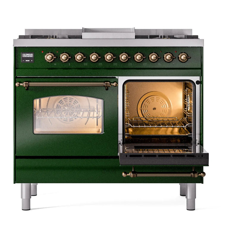 ILVE Nostalgie II 40" Dual Fuel Freestanding Range in Emerald Green with Burnished Trim, UPD40FNMPEGBLP