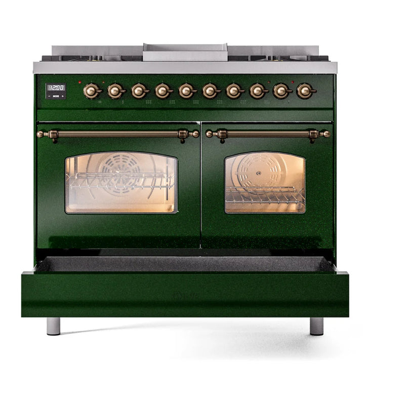 ILVE Nostalgie II 40" Dual Fuel Freestanding Range in Emerald Green with Burnished Trim, UPD40FNMPEGBLP