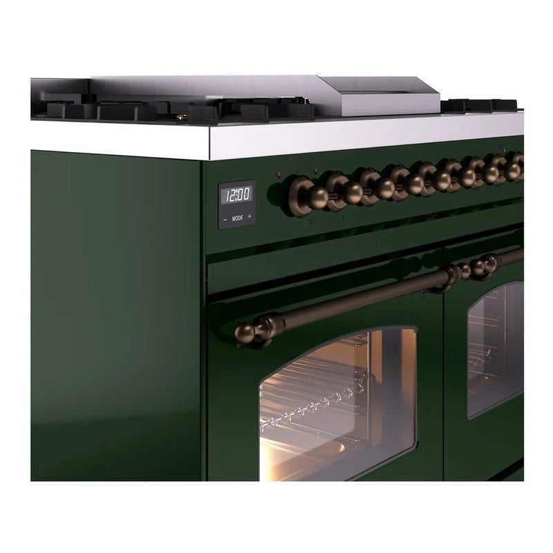 ILVE Nostalgie II 40" Dual Fuel Freestanding Range in Emerald Green with Burnished Trim, UPD40FNMPEGBLP