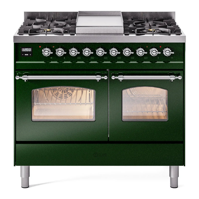 ILVE Nostalgie II 40" Dual Fuel Freestanding Range in Emerald Green with Chrome Trim, UPD40FNMPEGCLP