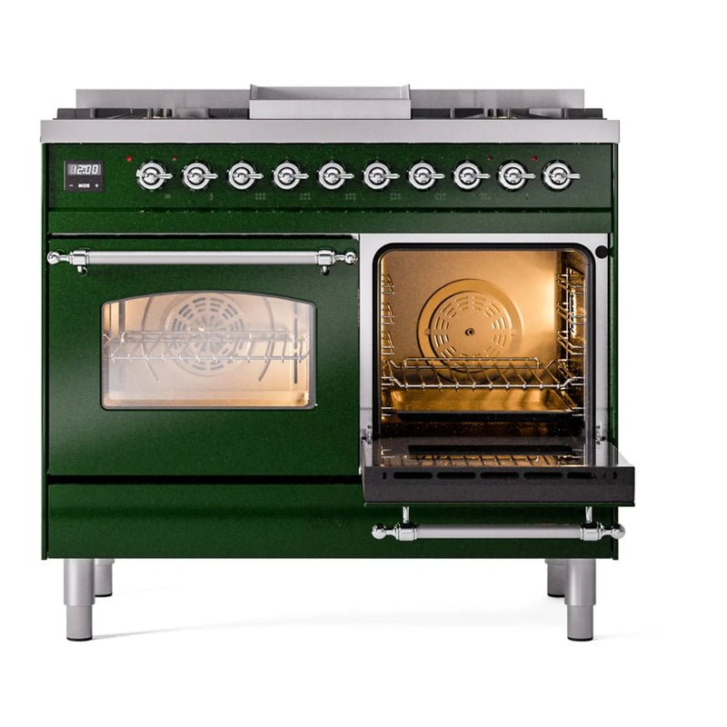ILVE Nostalgie II 40" Dual Fuel Freestanding Range in Emerald Green with Chrome Trim, UPD40FNMPEGCLP