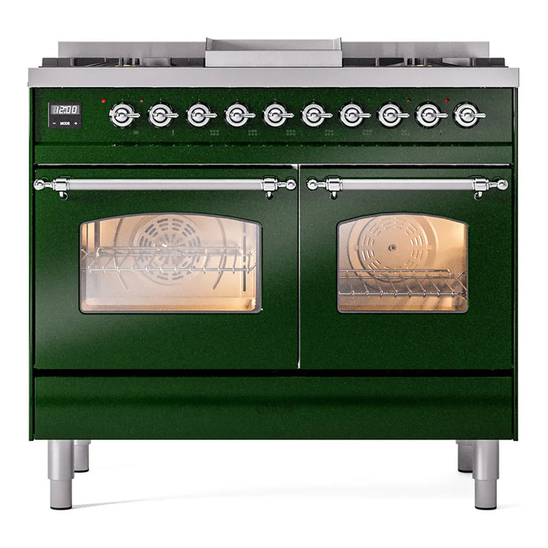 ILVE Nostalgie II 40" Dual Fuel Freestanding Range in Emerald Green with Chrome Trim, UPD40FNMPEGC