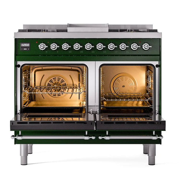 ILVE Nostalgie II 40" Dual Fuel Freestanding Range in Emerald Green with Chrome Trim, UPD40FNMPEGC