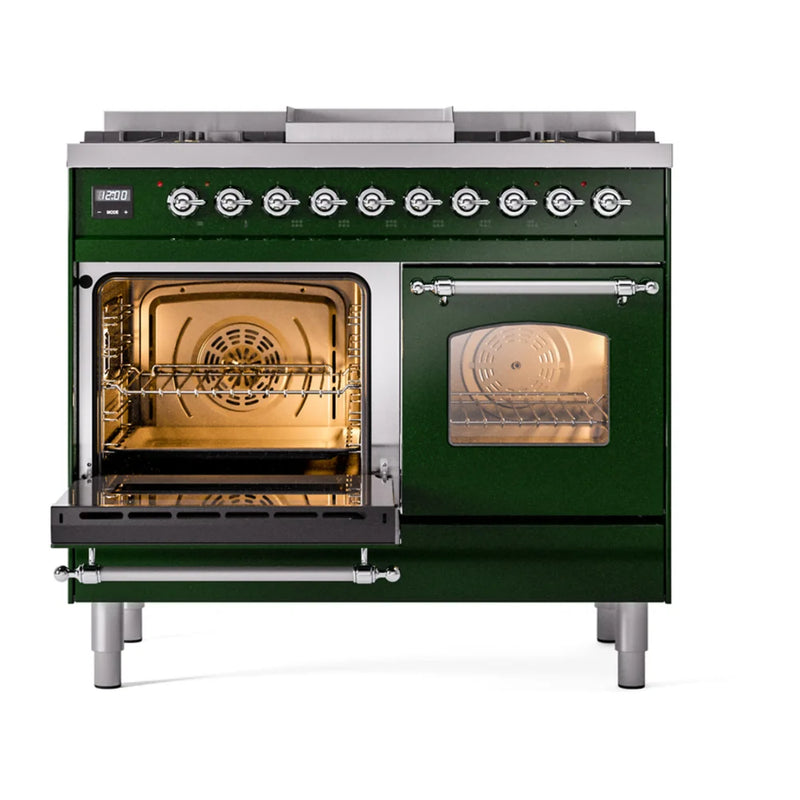 ILVE Nostalgie II 40" Dual Fuel Freestanding Range in Emerald Green with Chrome Trim, UPD40FNMPEGC