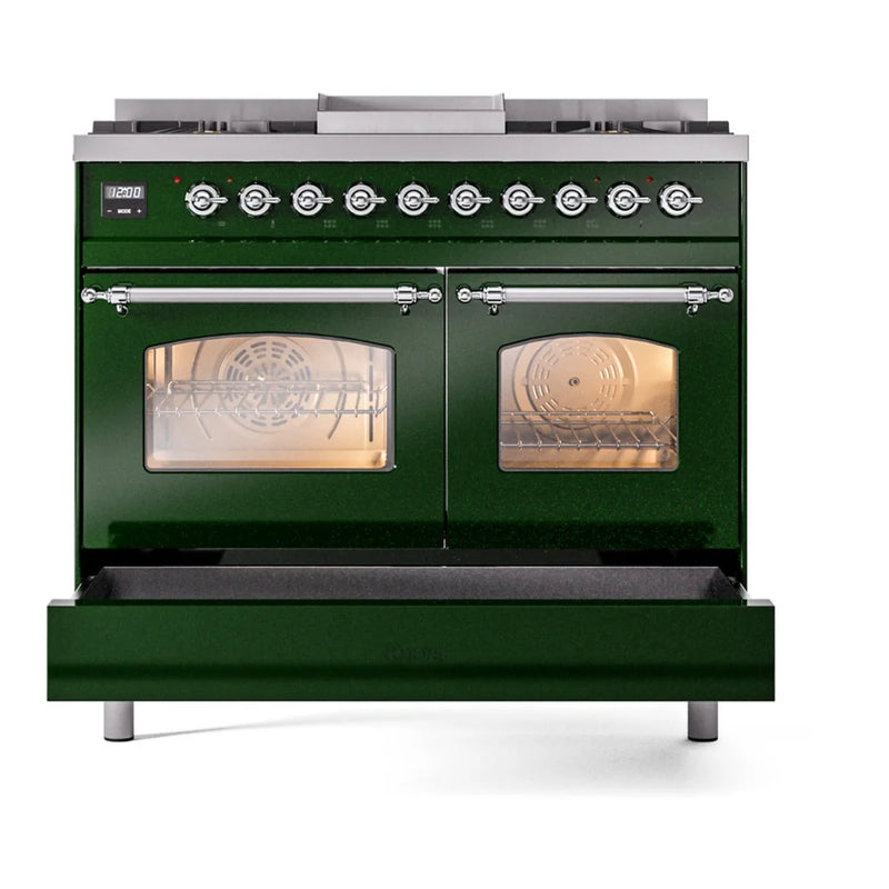 ILVE Nostalgie II 40" Dual Fuel Freestanding Range in Emerald Green with Chrome Trim, UPD40FNMPEGC
