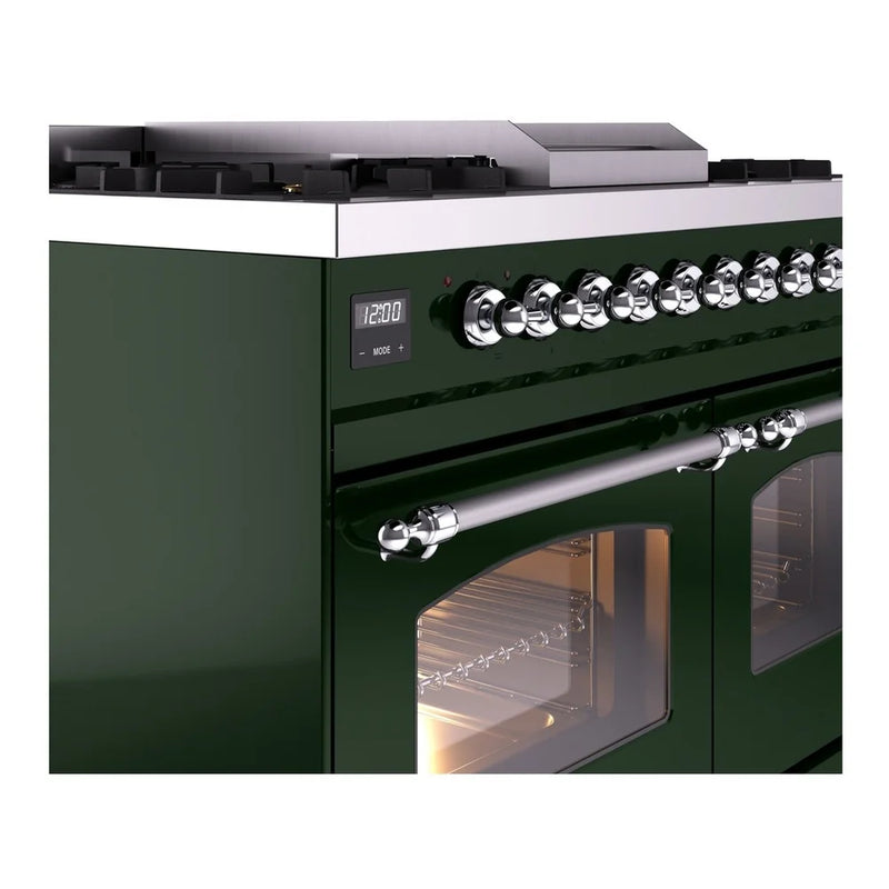 ILVE Nostalgie II 40" Dual Fuel Freestanding Range in Emerald Green with Chrome Trim, UPD40FNMPEGC
