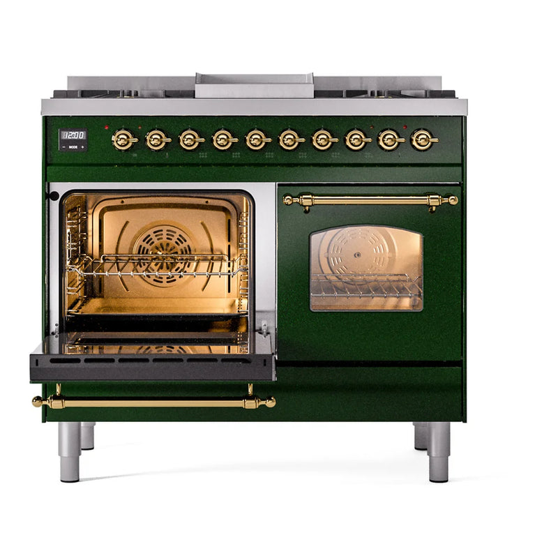 ILVE Nostalgie II 40" Dual Fuel Freestanding Range in Emerald Green with Brass Trim, UPD40FNMPEGGLP