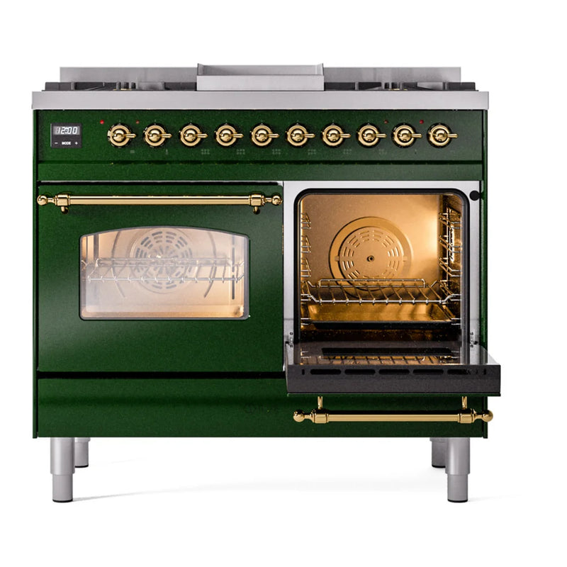 ILVE Nostalgie II 40" Dual Fuel Freestanding Range in Emerald Green with Brass Trim, UPD40FNMPEGGLP