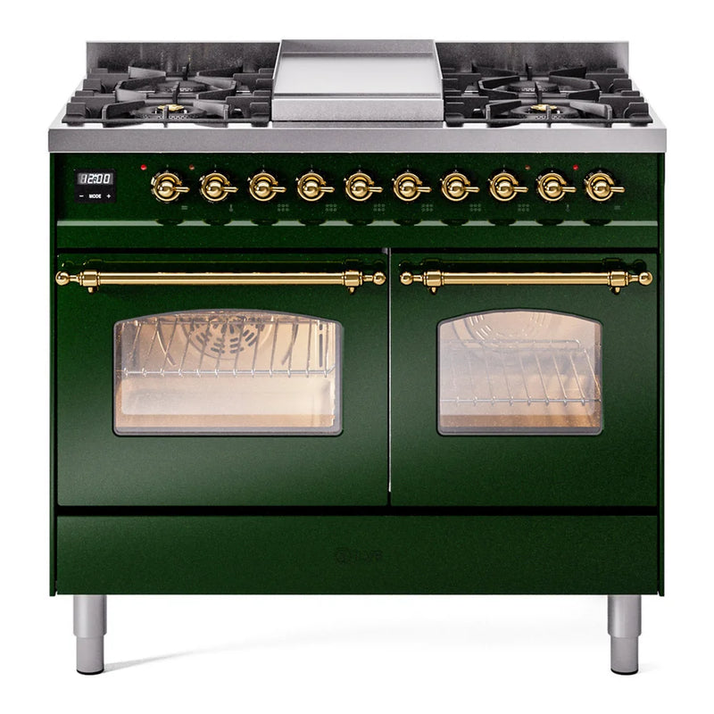 ILVE Nostalgie II 40" Dual Fuel Freestanding Range in Emerald Green with Brass Trim, UPD40FNMPEGG