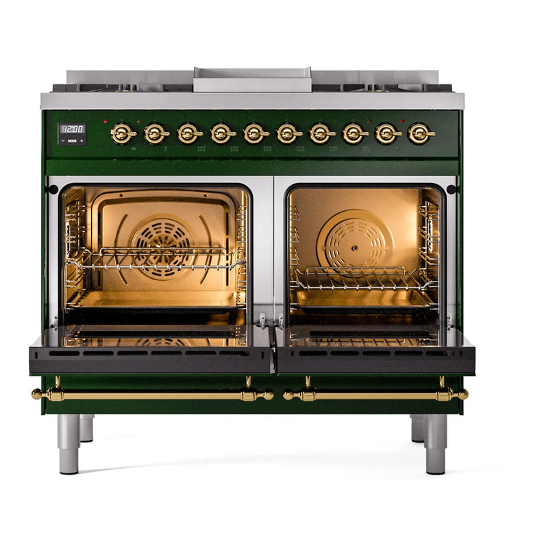 ILVE Nostalgie II 40" Dual Fuel Freestanding Range in Emerald Green with Brass Trim, UPD40FNMPEGG