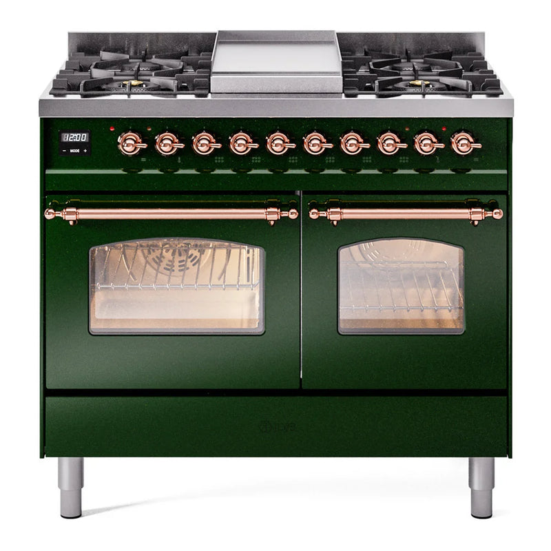 ILVE Nostalgie II 40" Dual Fuel Freestanding Range in Emerald Green with Copper Trim, UPD40FNMPEGP