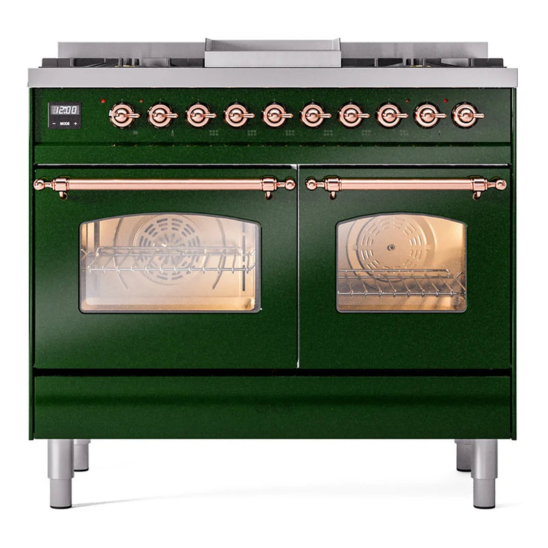 ILVE Nostalgie II 40" Dual Fuel Freestanding Range in Emerald Green with Copper Trim, UPD40FNMPEGP