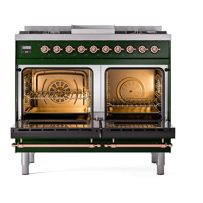 ILVE Nostalgie II 40" Dual Fuel Freestanding Range in Emerald Green with Copper Trim, UPD40FNMPEGP