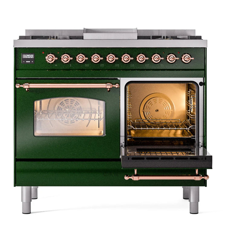 ILVE Nostalgie II 40" Dual Fuel Freestanding Range in Emerald Green with Copper Trim, UPD40FNMPEGP