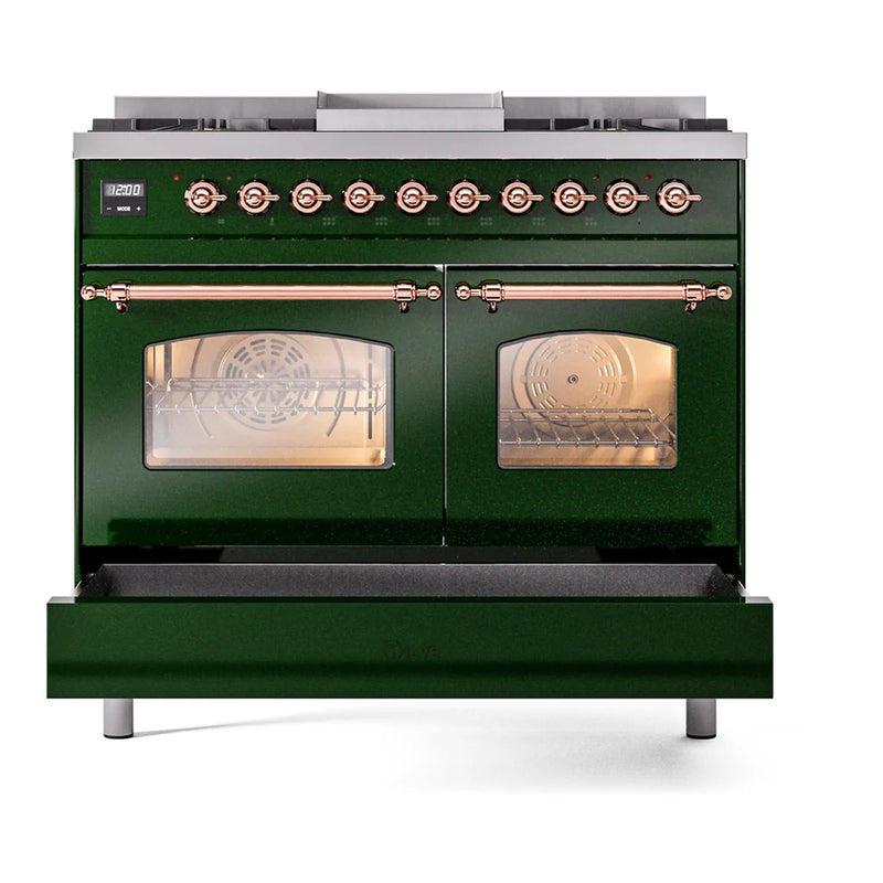 ILVE Nostalgie II 40" Dual Fuel Freestanding Range in Emerald Green with Copper Trim, UPD40FNMPEGP