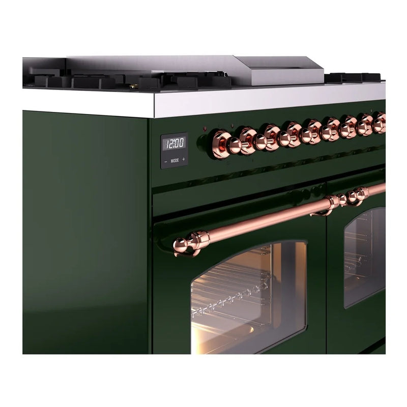 ILVE Nostalgie II 40" Dual Fuel Freestanding Range in Emerald Green with Copper Trim, UPD40FNMPEGP
