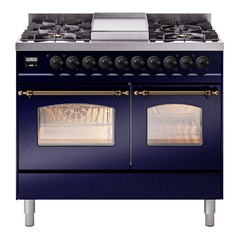 ILVE Nostalgie II 40" Dual Fuel Freestanding Range in Midnight Blue with Burnished Trim, UPD40FNMPMBBLP