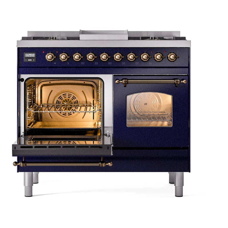 ILVE Nostalgie II 40" Dual Fuel Freestanding Range in Midnight Blue with Burnished Trim, UPD40FNMPMBBLP