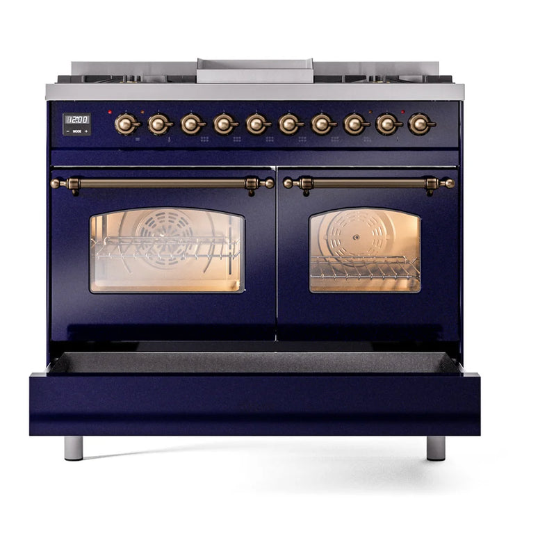 ILVE Nostalgie II 40" Dual Fuel Freestanding Range in Midnight Blue with Burnished Trim, UPD40FNMPMBBLP