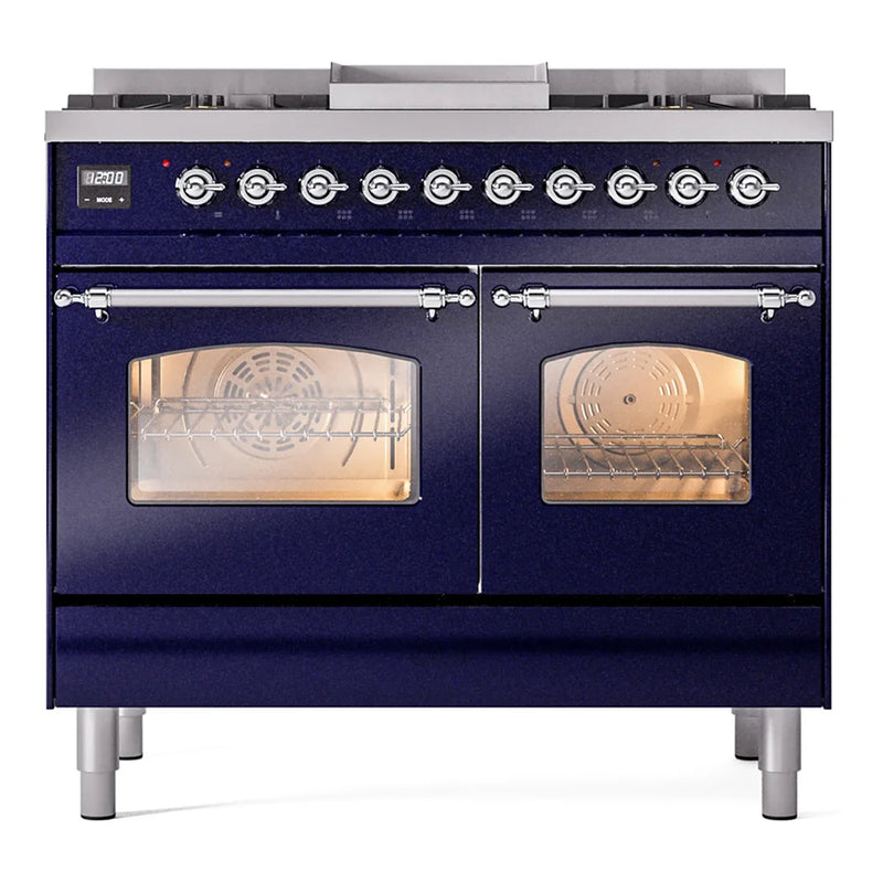 ILVE Nostalgie II 40" Dual Fuel Freestanding Range in Midnight Blue with Chrome Trim, UPD40FNMPMBCLP