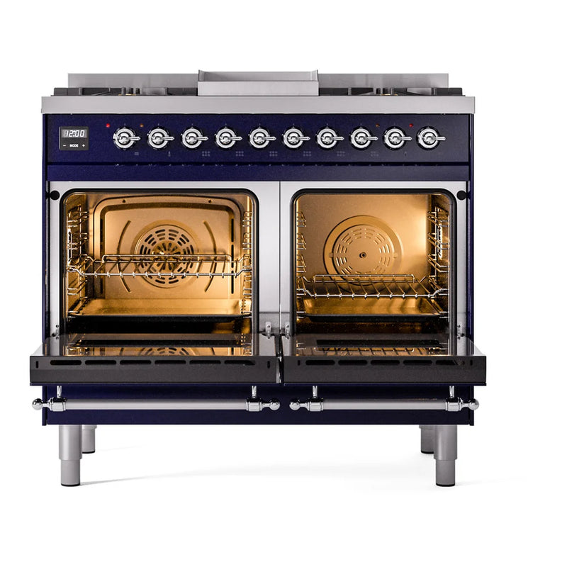 ILVE Nostalgie II 40" Dual Fuel Freestanding Range in Midnight Blue with Chrome Trim, UPD40FNMPMBCLP