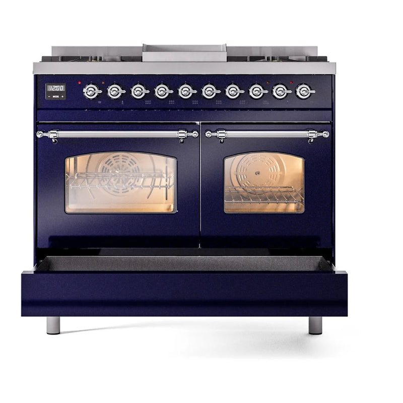 ILVE Nostalgie II 40" Dual Fuel Freestanding Range in Midnight Blue with Chrome Trim, UPD40FNMPMBCLP