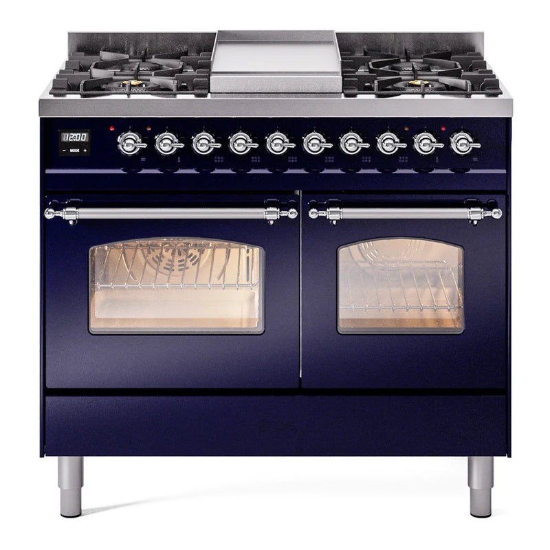 ILVE Nostalgie II 40" Dual Fuel Freestanding Range in Midnight Blue with Chrome Trim, UPD40FNMPMBC