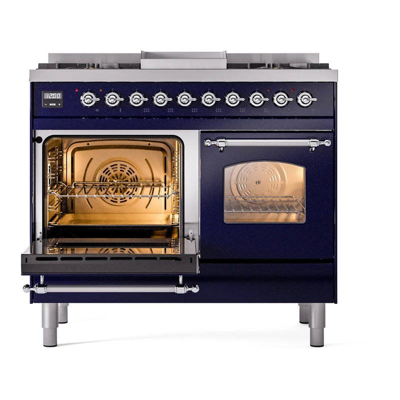 ILVE Nostalgie II 40" Dual Fuel Freestanding Range in Midnight Blue with Chrome Trim, UPD40FNMPMBC