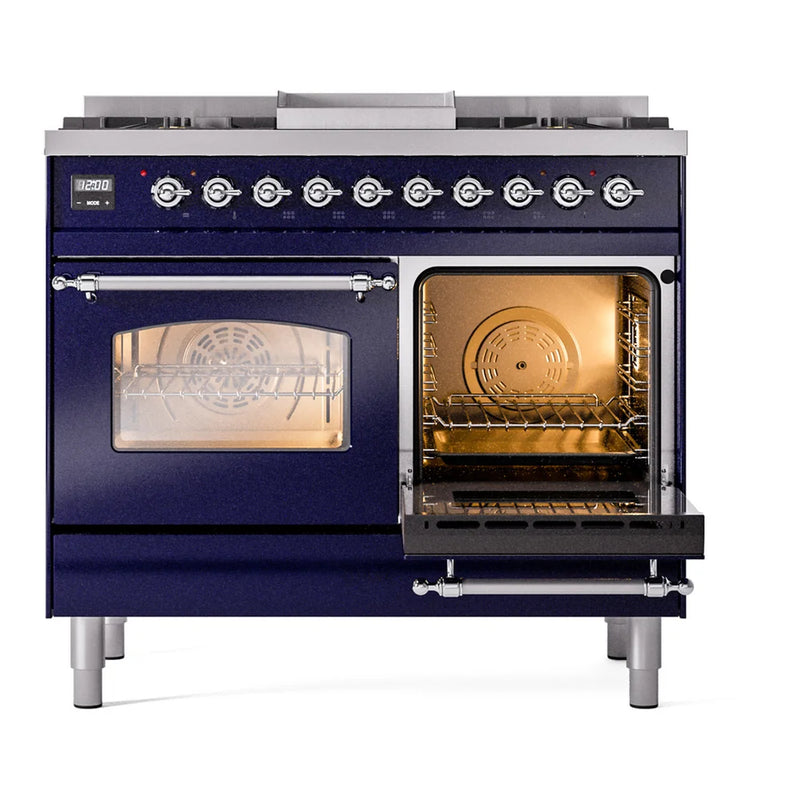 ILVE Nostalgie II 40" Dual Fuel Freestanding Range in Midnight Blue with Chrome Trim, UPD40FNMPMBC