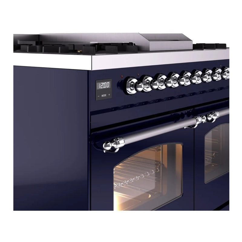 ILVE Nostalgie II 40" Dual Fuel Freestanding Range in Midnight Blue with Chrome Trim, UPD40FNMPMBC
