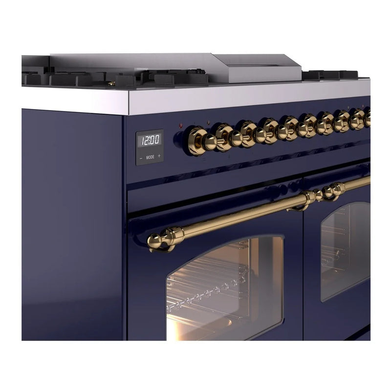 ILVE Nostalgie II 40" Dual Fuel Freestanding Range in Midnight Blue with Brass Trim, UPD40FNMPMBGLP