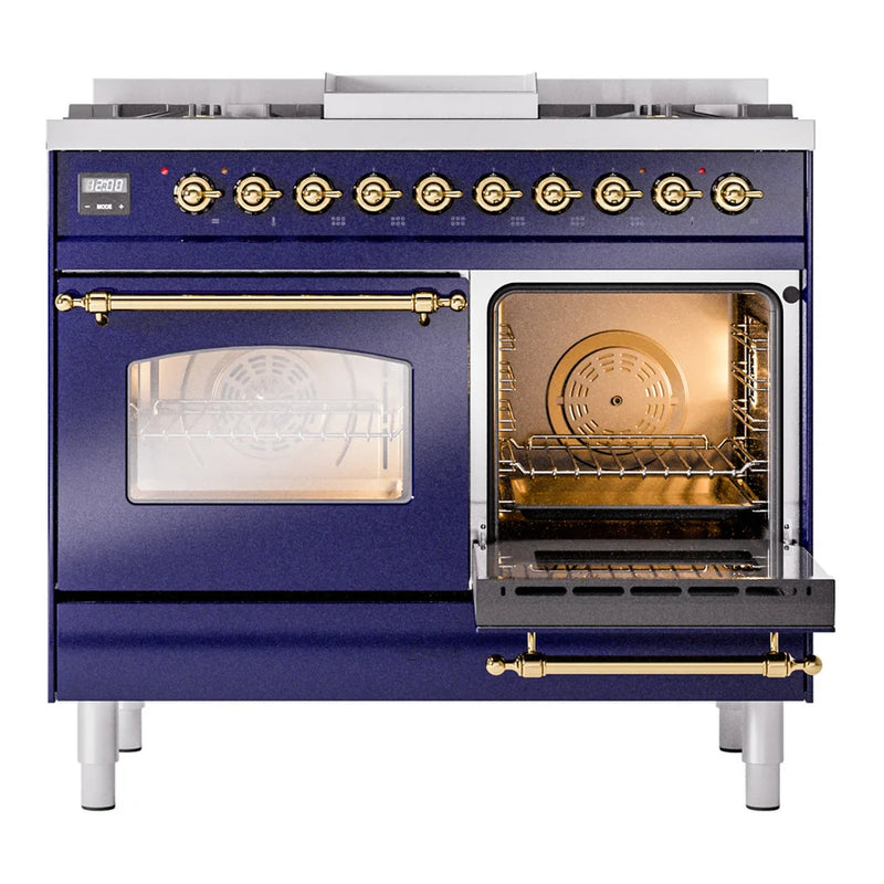 ILVE Nostalgie II 40" Dual Fuel Freestanding Range in Midnight Blue with Brass Trim, UPD40FNMPMBG