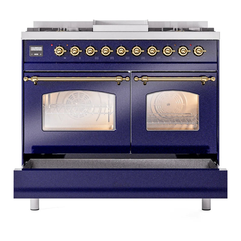 ILVE Nostalgie II 40" Dual Fuel Freestanding Range in Midnight Blue with Brass Trim, UPD40FNMPMBG