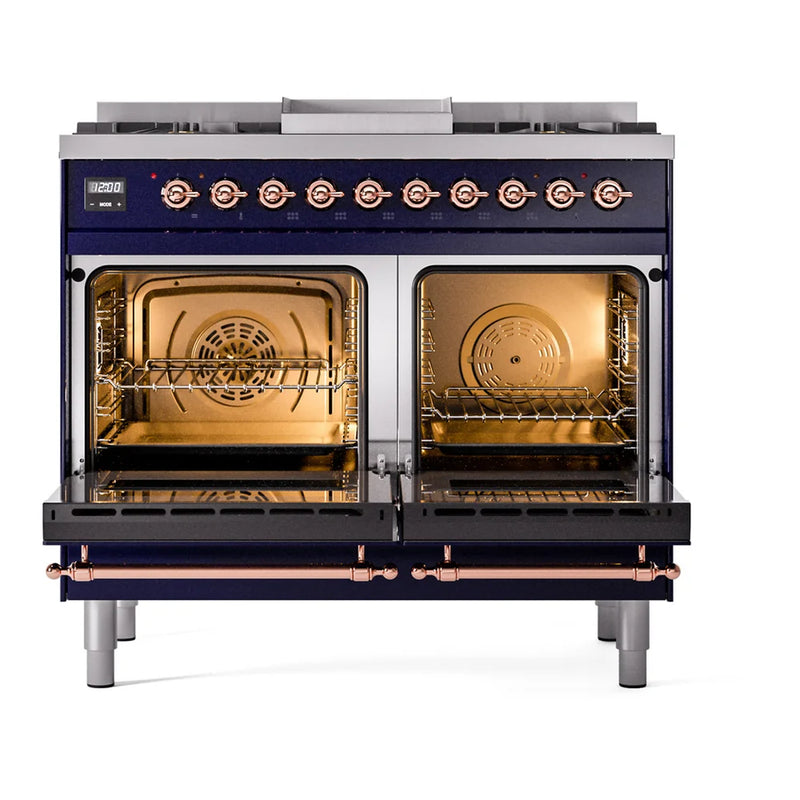 ILVE Nostalgie II 40" Dual Fuel Freestanding Range in Midnight Blue with Copper Trim, UPD40FNMPMBPLP