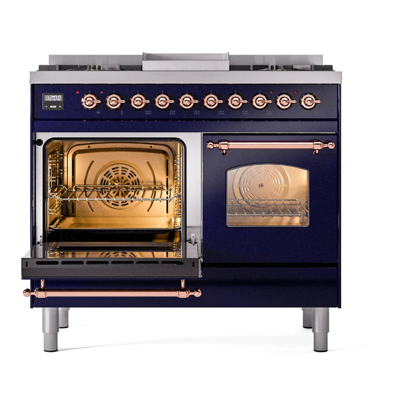 ILVE Nostalgie II 40" Dual Fuel Freestanding Range in Midnight Blue with Copper Trim, UPD40FNMPMBPLP