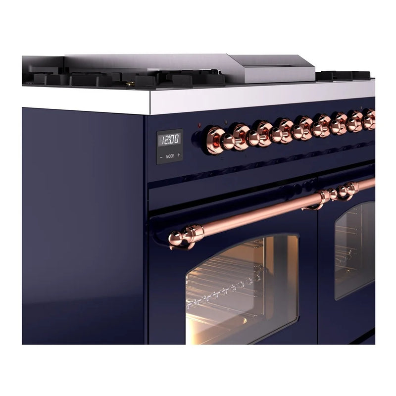 ILVE Nostalgie II 40" Dual Fuel Freestanding Range in Midnight Blue with Copper Trim, UPD40FNMPMBPLP