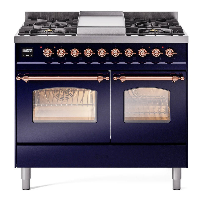 ILVE Nostalgie II 40" Dual Fuel Freestanding Range in Midnight Blue with Copper Trim, UPD40FNMPMBP