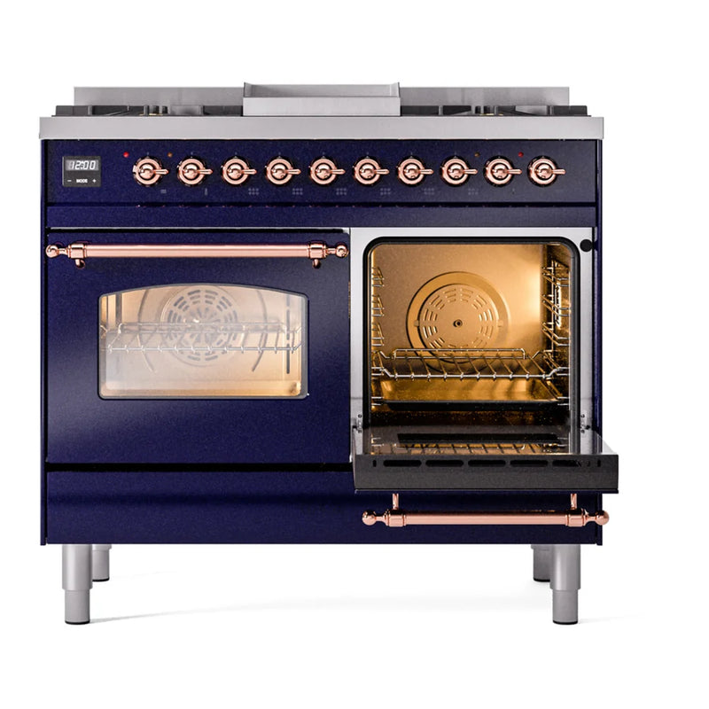 ILVE Nostalgie II 40" Dual Fuel Freestanding Range in Midnight Blue with Copper Trim, UPD40FNMPMBP