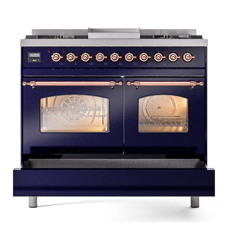 ILVE Nostalgie II 40" Dual Fuel Freestanding Range in Midnight Blue with Copper Trim, UPD40FNMPMBP