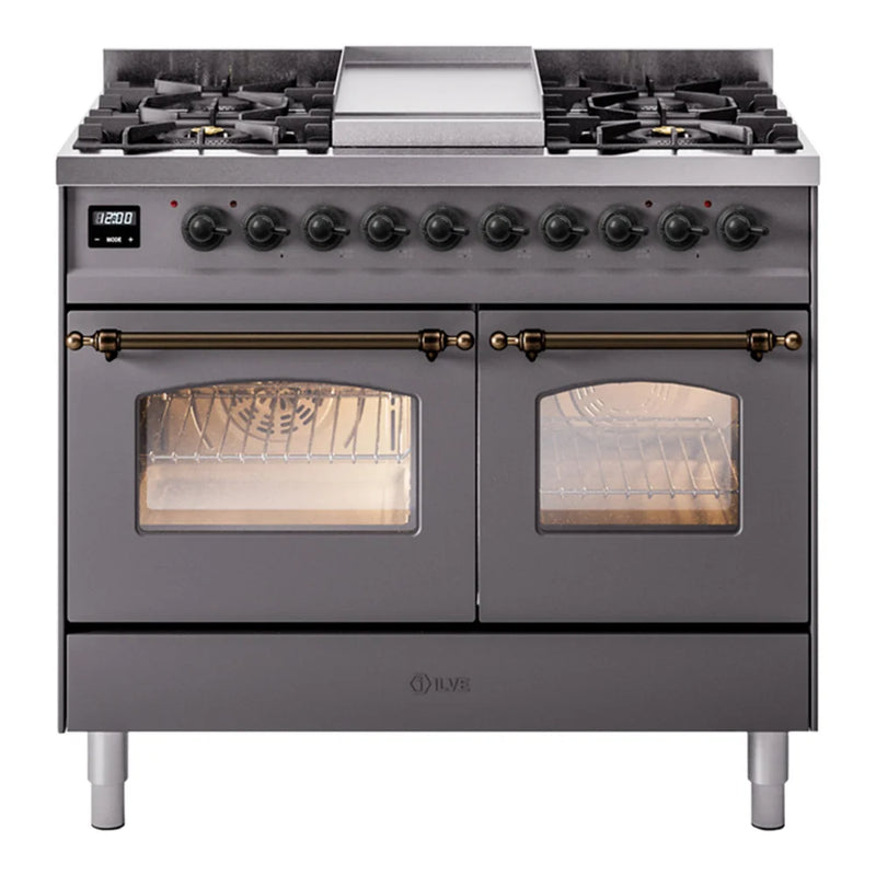 ILVE Nostalgie II 40" Dual Fuel Freestanding Range in Graphite Matte with Burnished Trim, UPD40FNMPMGBLP