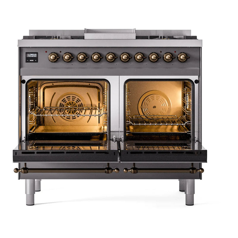 ILVE Nostalgie II 40" Dual Fuel Freestanding Range in Graphite Matte with Burnished Trim, UPD40FNMPMGBLP